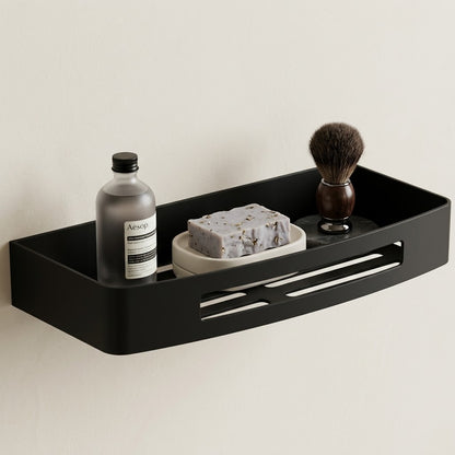 Black stainless steel wall shower caddy, single-tier shelf with drainage slots