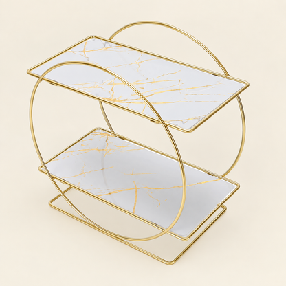2-tier bathroom countertop organizer with white marble-effect trays and gold frame.