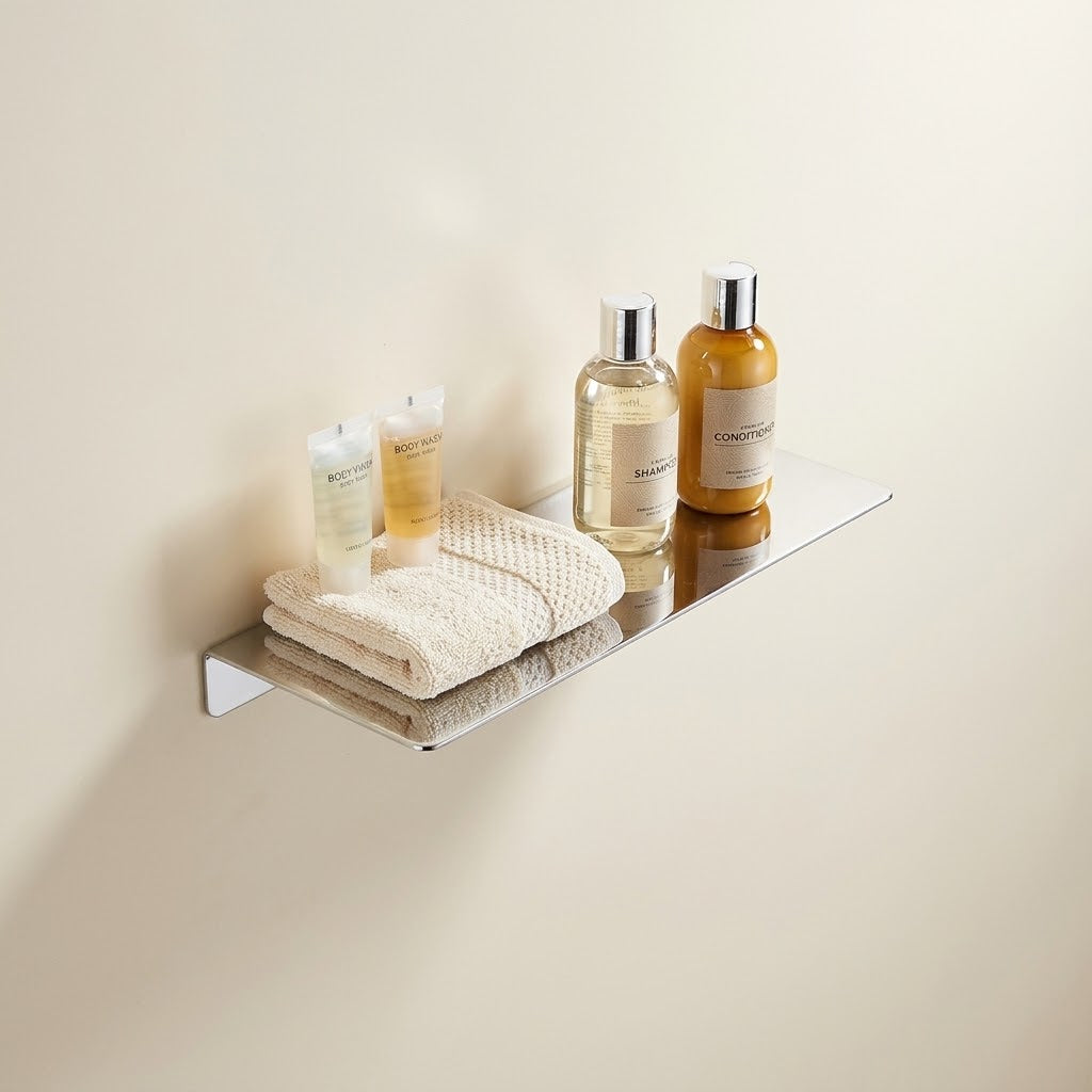 Chrome floating shelf holding towels and bottles on a minimalist rectangular ledge.