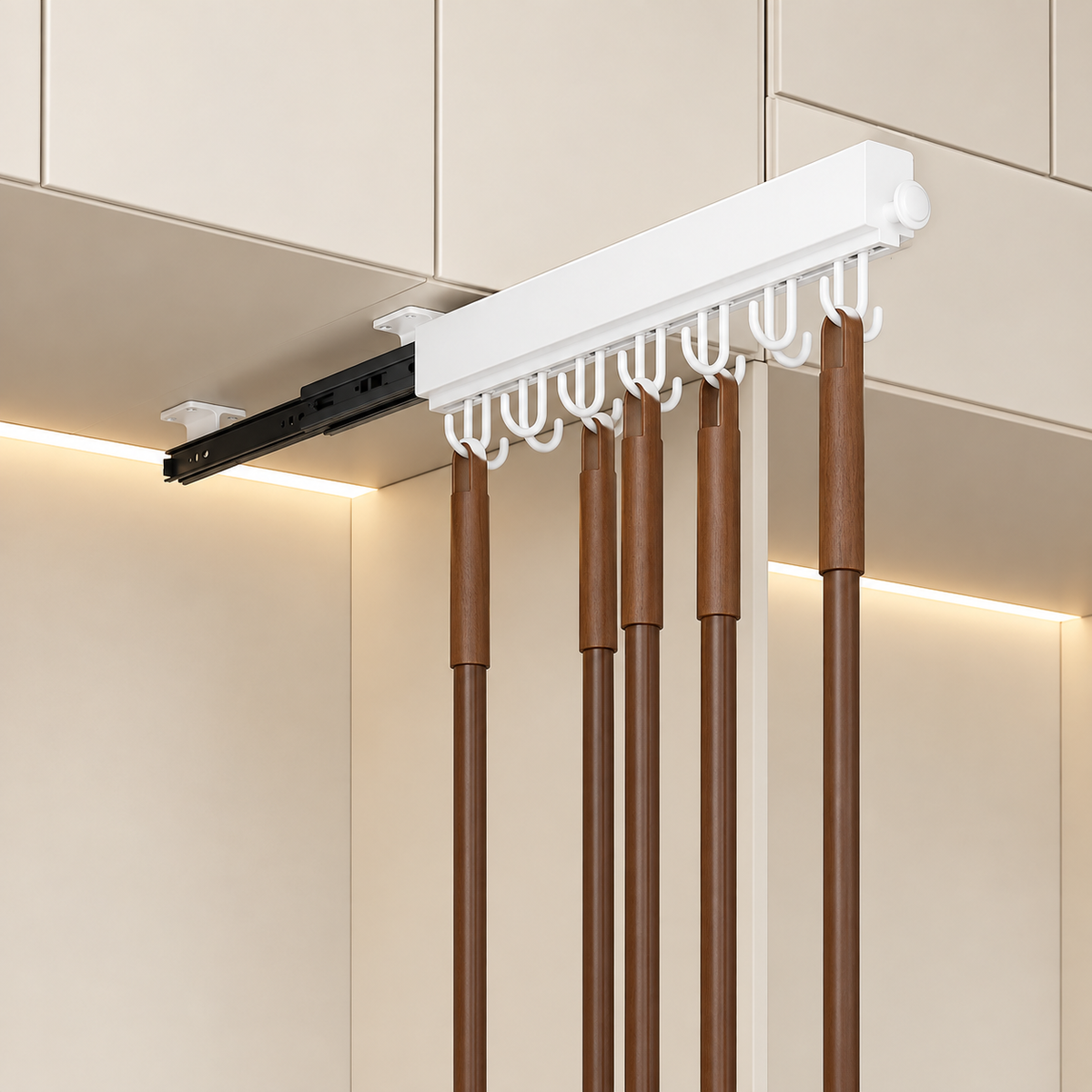 White pull-out hook rail with brown rods and curved hooks, several hangers shown