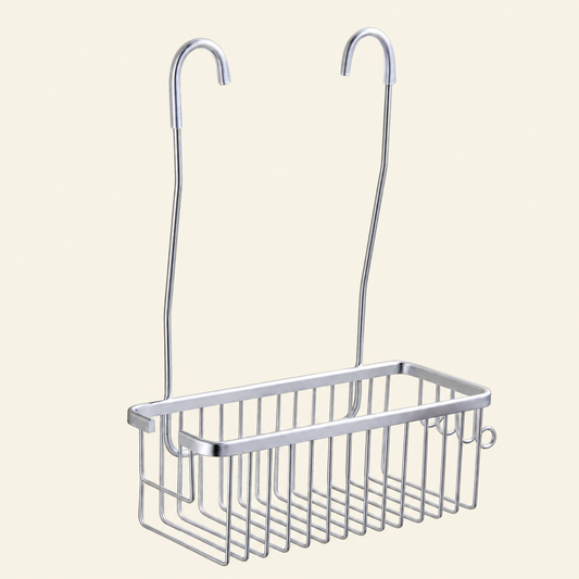 Silver hanging shower tap caddy with wire basket and two curved hooks