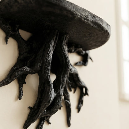 Black rustic root floating wall shelf close-up of twisted underside
