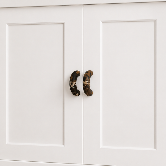 Pair of dark swirled cabinet handles with gold flecks