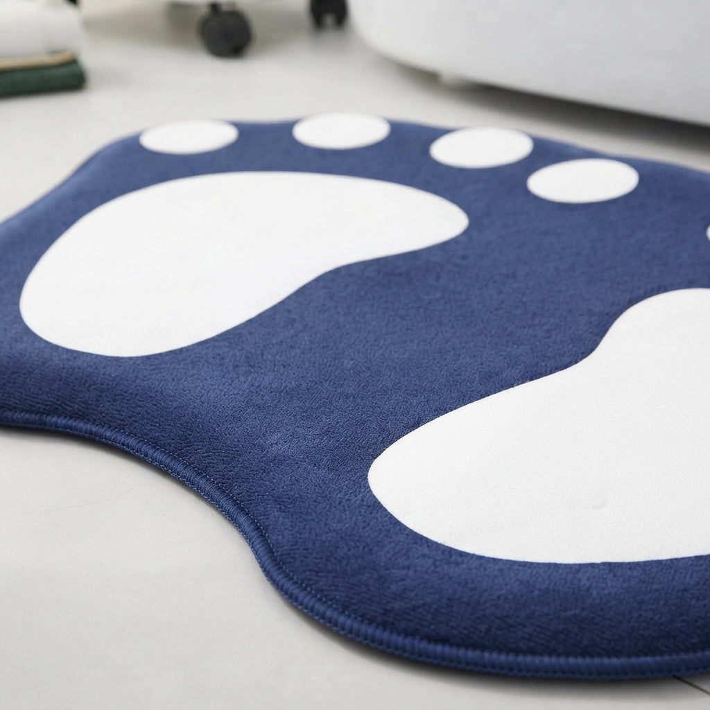 Paw-shaped bath mat in navy blue with white paw prints and non-slip border