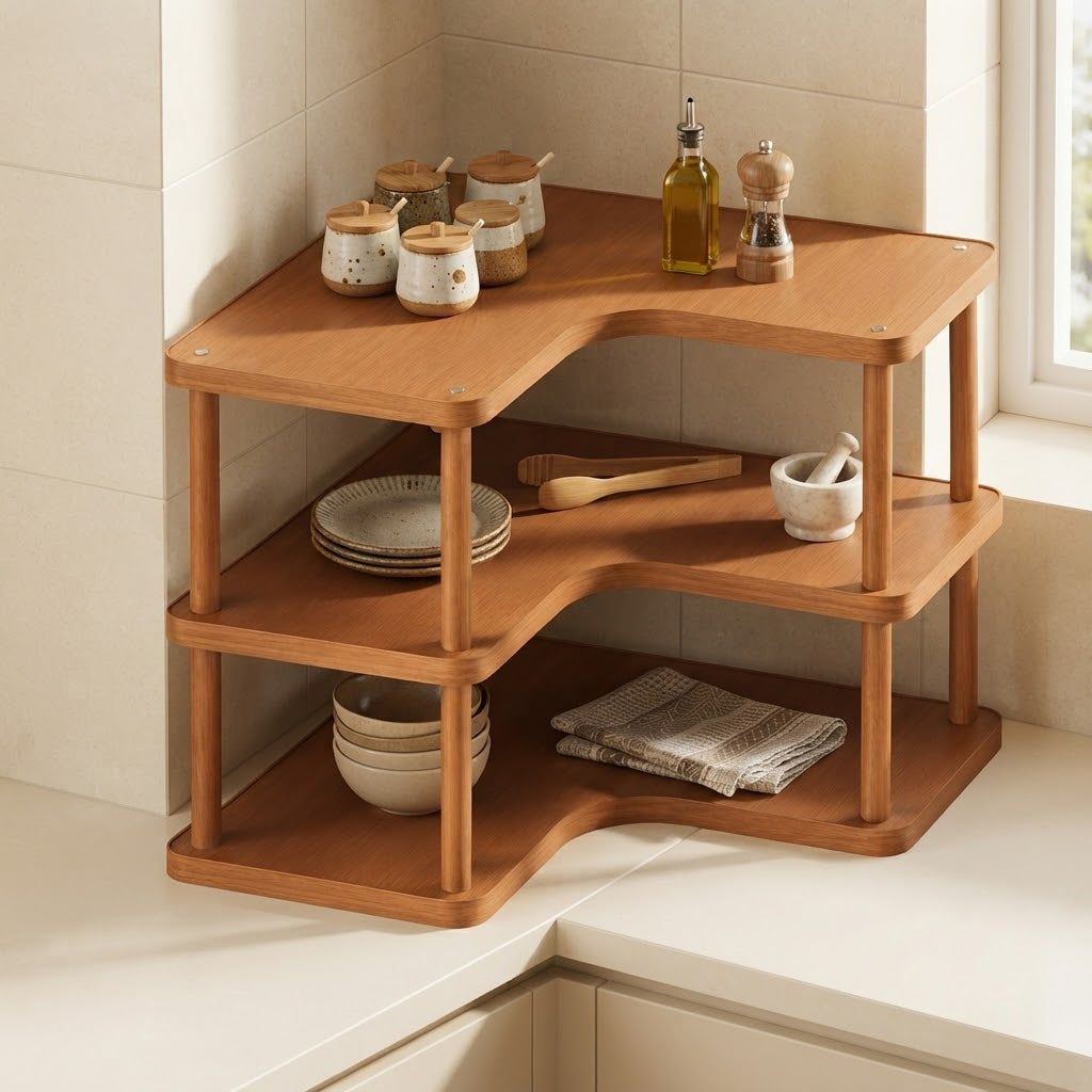 Bamboo kitchen corner rack with two visible shelves and central support leg