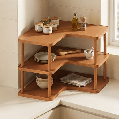 Bamboo kitchen corner rack with two visible shelves and central support leg