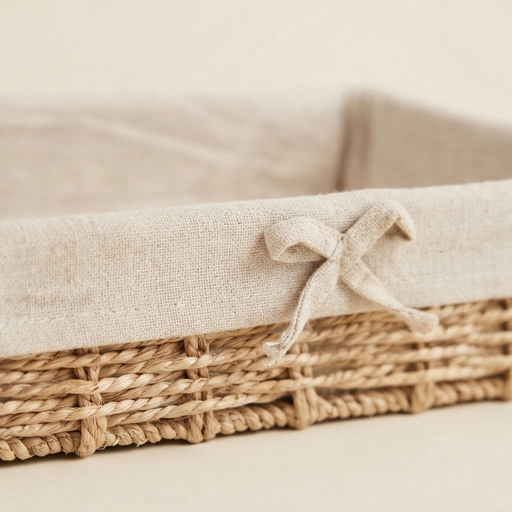 Beige fabric liner and tied bow on woven willow straw storage basket edge