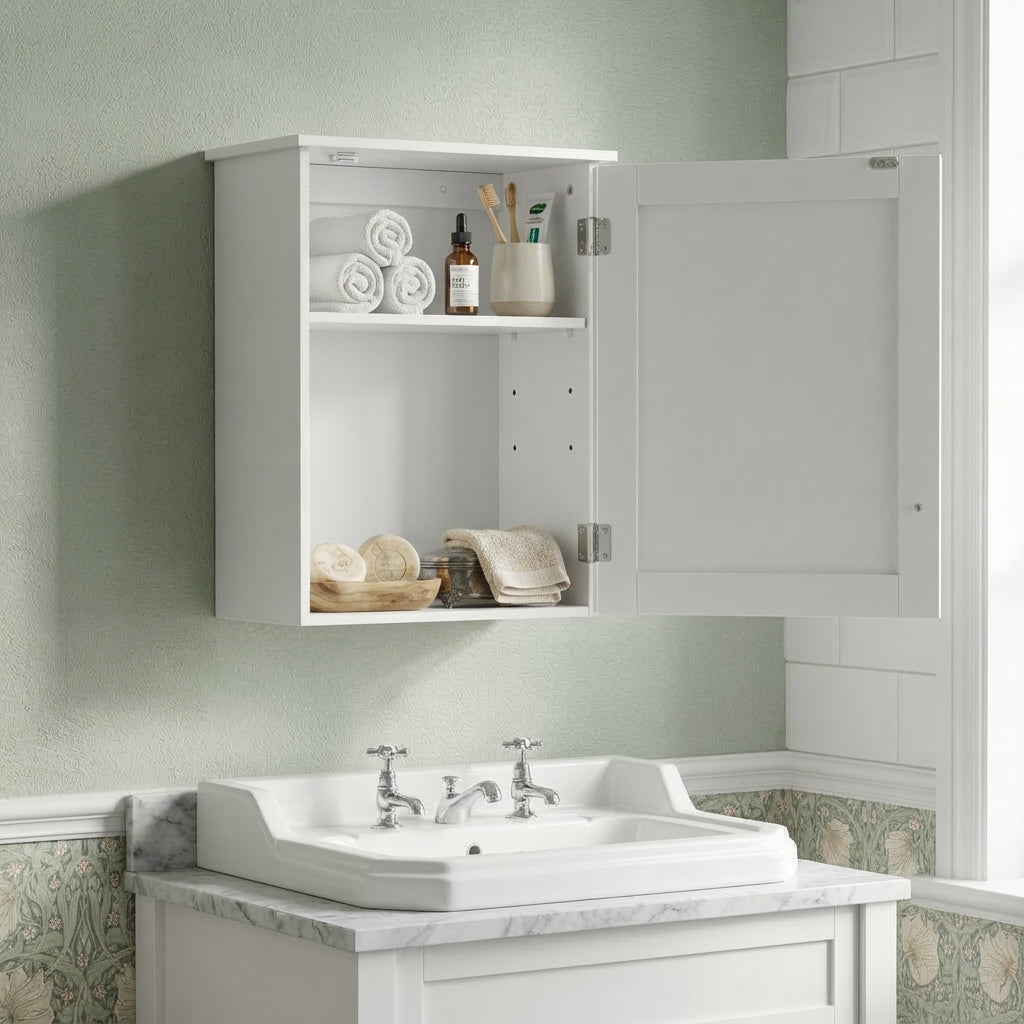 White bathroom wall cabinet with single door open, shelves holding toiletries