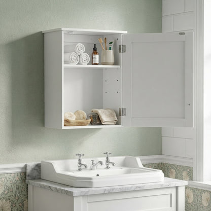 White bathroom wall cabinet with single door open, shelves holding toiletries