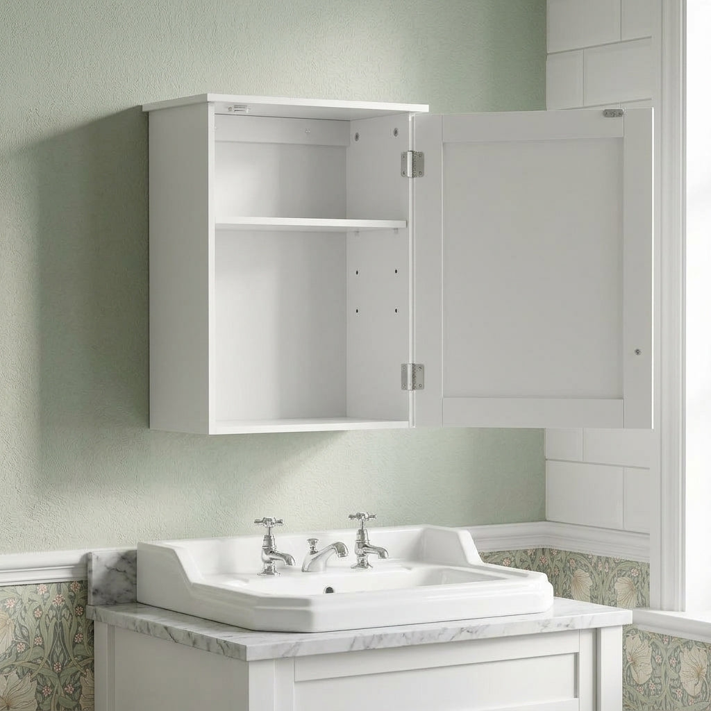 White bathroom wall cabinet with door open, tall storage and adjustable shelf