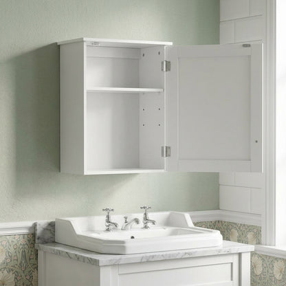 White bathroom wall cabinet with door open, tall storage and adjustable shelf