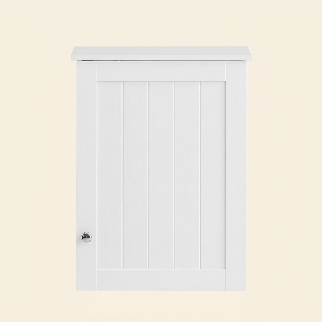 White single-door bathroom wall cabinet with panel door and recessed knob