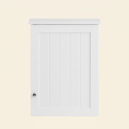 White single-door bathroom wall cabinet with panel door and recessed knob