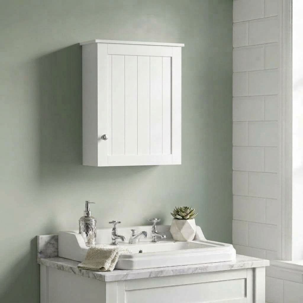 White single-door bathroom wall cabinet mounted above a sink