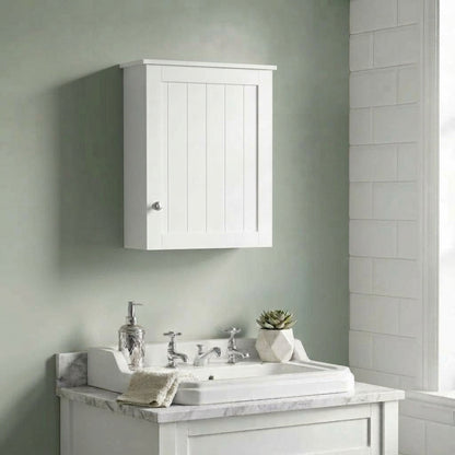 White single-door bathroom wall cabinet mounted above a sink
