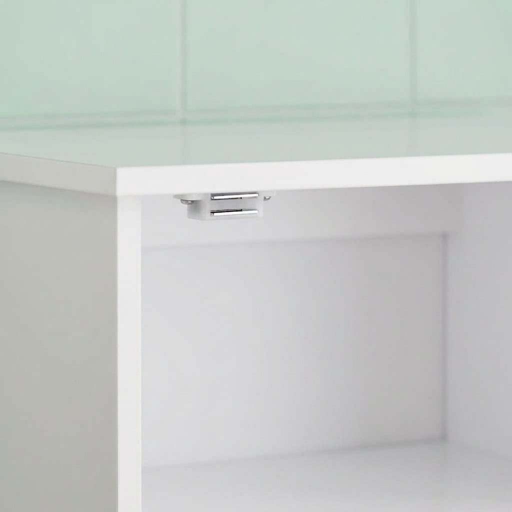 White single-door bathroom wall cabinet interior with shelf and hinge hardware