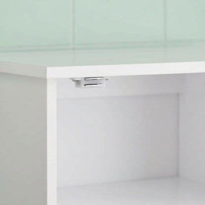 White single-door bathroom wall cabinet interior with shelf and hinge hardware