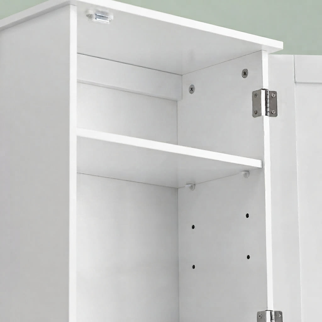 White bathroom wall cabinet with open interior, single door, and adjustable shelves