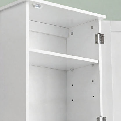 White bathroom wall cabinet with open interior, single door, and adjustable shelves