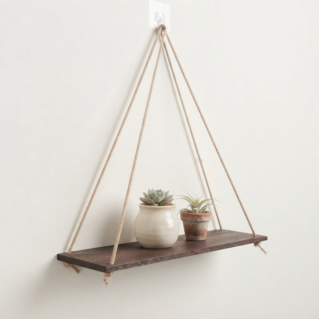 Hanging wooden rope shelf with dark wood plank and three long tan braided cords
