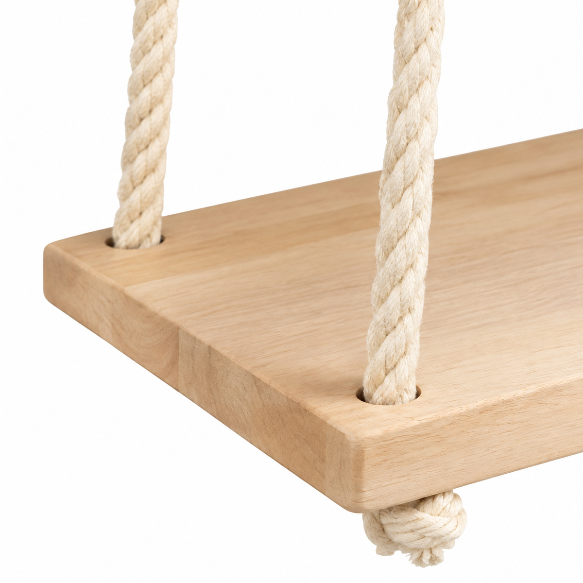 Hanging wooden rope shelf with two thick natural-fiber cords and squared light wood board