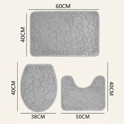 Grey microfibre non-slip bath mat set: rectangular, toilet, and U-shaped lid mats.