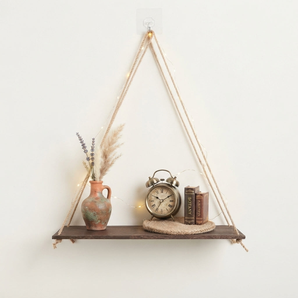 Hanging wooden rope shelf with dark wood plank and three pale rope loops