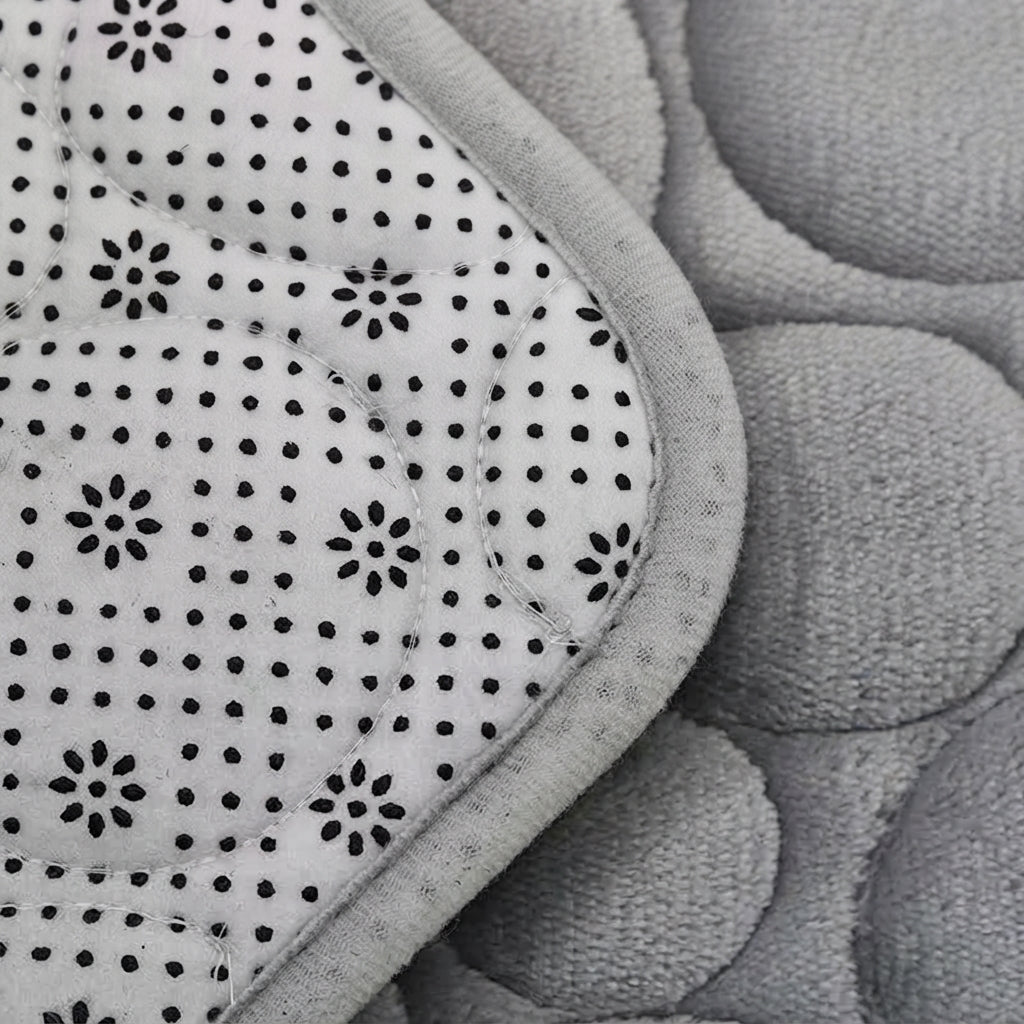 Grey microfibre bath mat texture with non-slip dot pattern, close-up view.