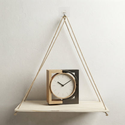 Hanging wooden rope shelf with light wood triangle frame and three tan braided cords