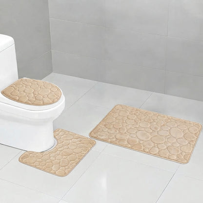 Beige microfibre non-slip bath mat set with three-piece toilet and bath rugs.