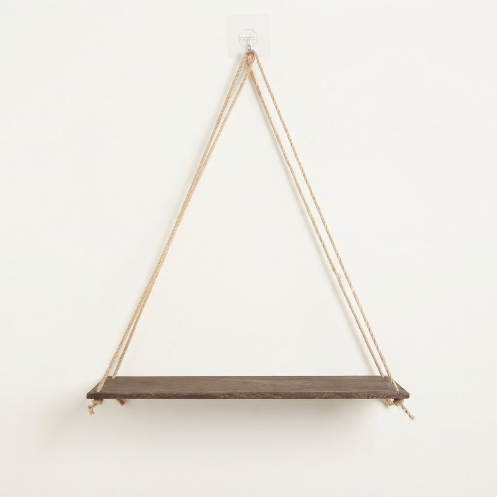 Hanging wooden rope shelf with dark wood plank and three tan braided cords