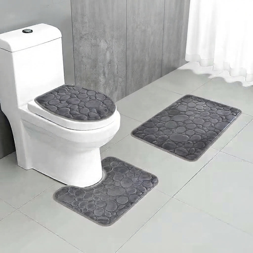 Grey microfibre non-slip bath mat set, three-piece coverage for toilet and bath.