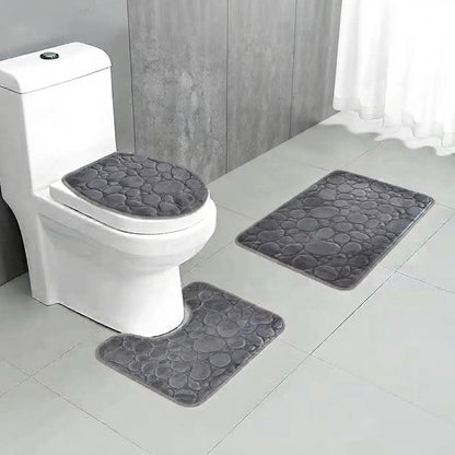 Grey microfibre non-slip bath mat set, three-piece coverage for toilet and bath.
