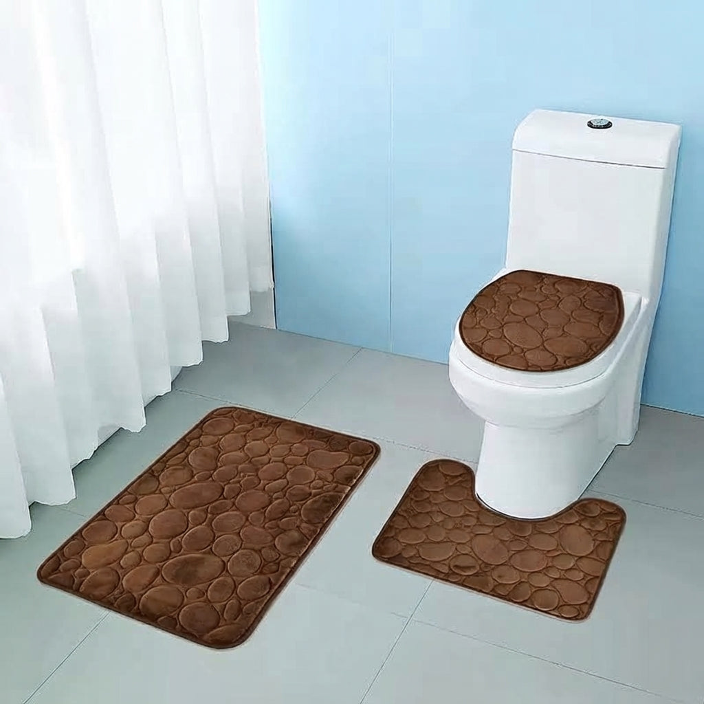 Brown microfibre non-slip bath mat set, three rugs for toilet and bath floor.