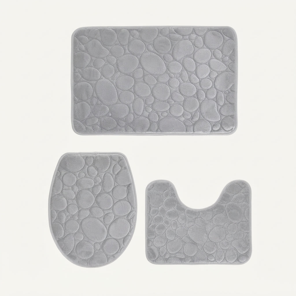 Grey microfibre non-slip bath mat set, three pieces with pebble-textured surface.