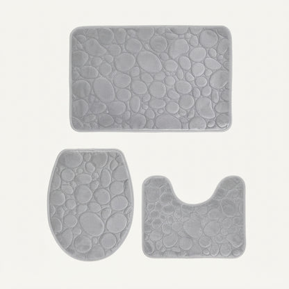 Grey microfibre non-slip bath mat set, three pieces with pebble-textured surface.