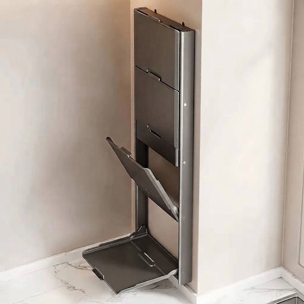 Foldable wall storage rack with open side shelves, wall-mounted metal frame