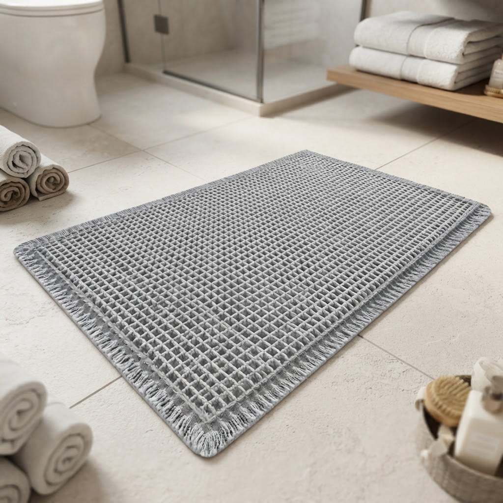Grey waffle bath mat with fringed border and textured non-slip surface