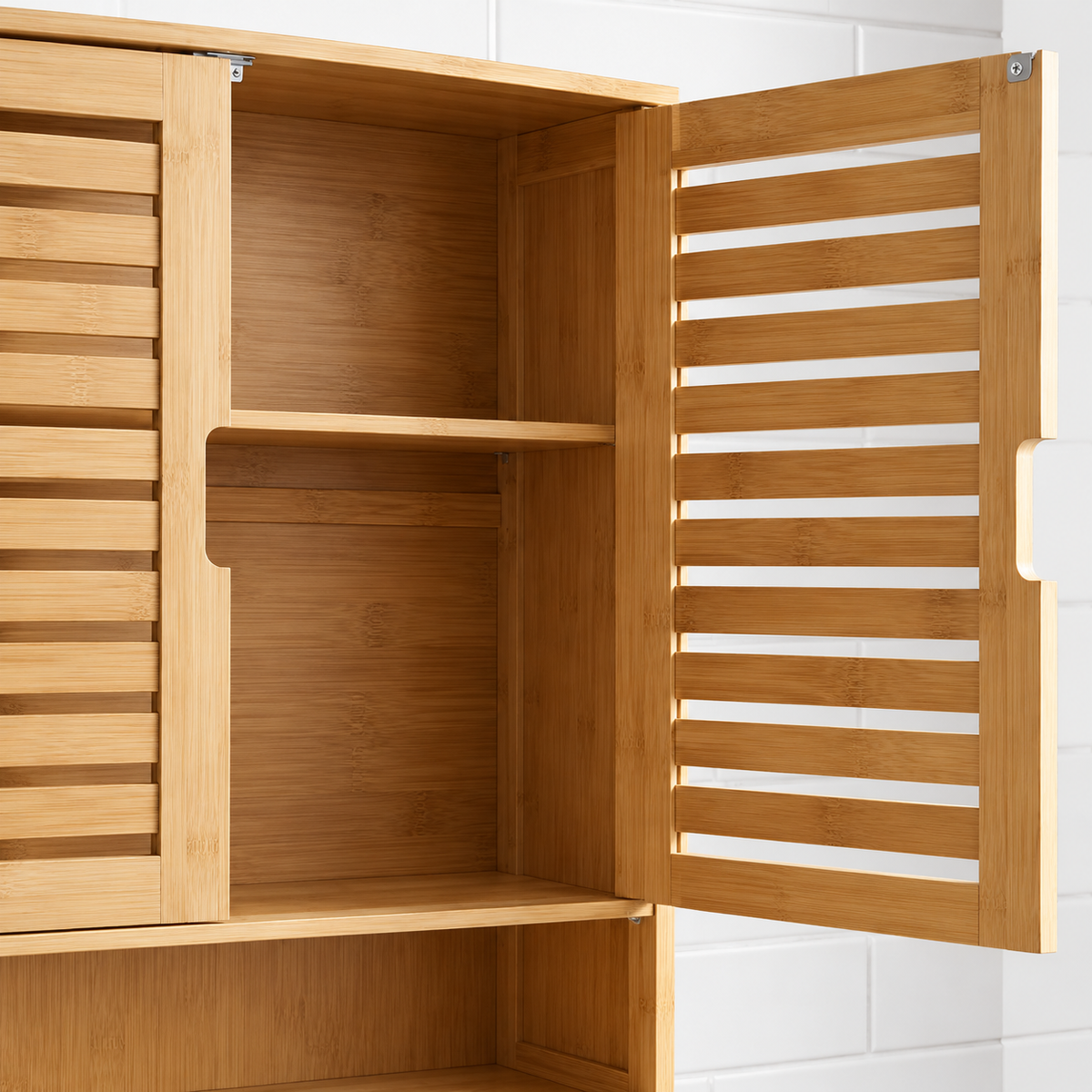 Natural bamboo wall cabinet close-up with louvered doors open