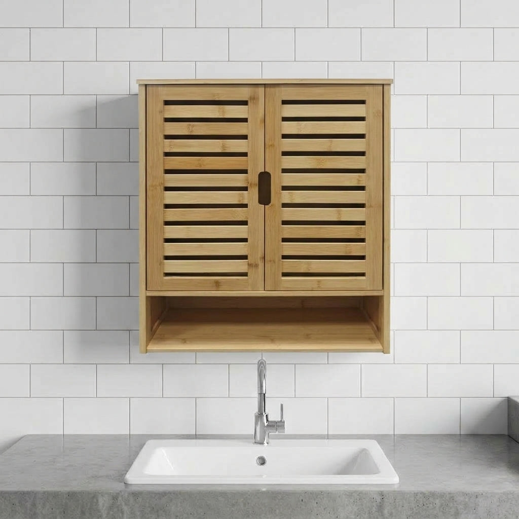 Natural bamboo wall cabinet with louvered double doors and interior shelves