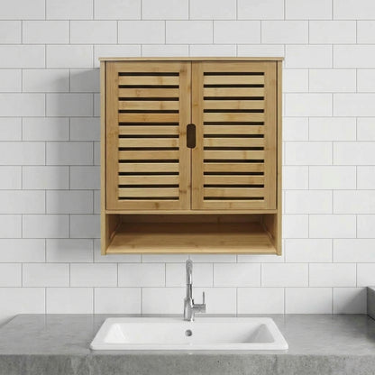 Natural bamboo wall cabinet with louvered double doors and interior shelves
