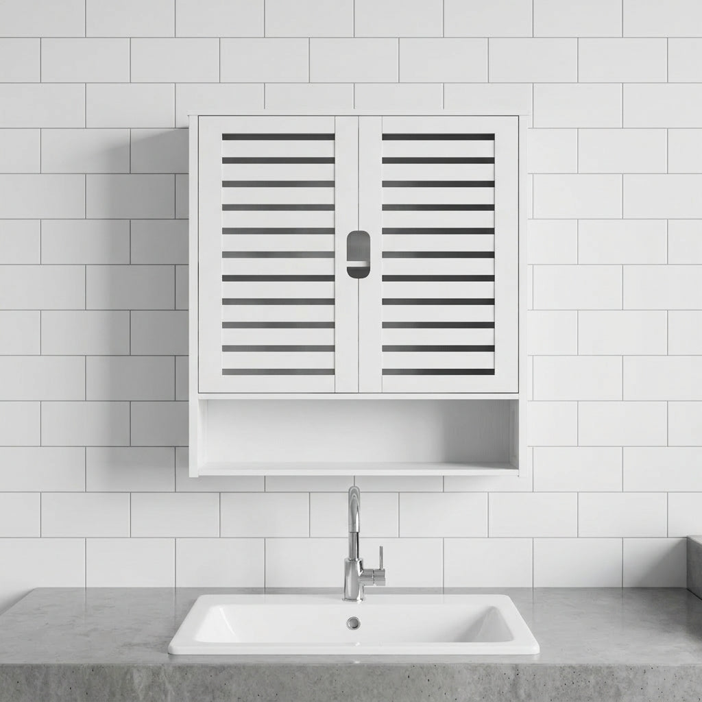 White bamboo wall cabinet with louvered doors and central handle