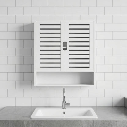 White bamboo wall cabinet with louvered doors and central handle