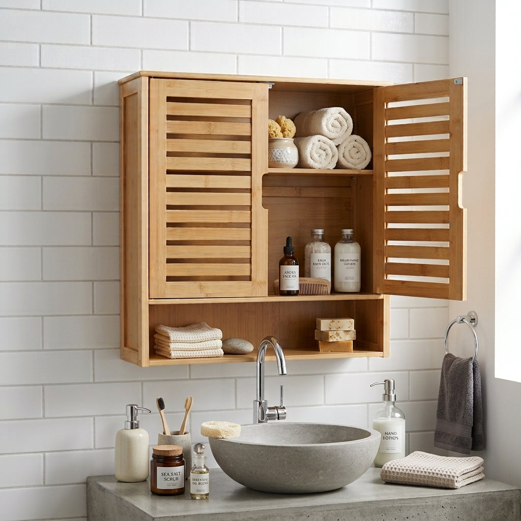 Natural bamboo wall cabinet open with shelves holding rolled towels and toiletries