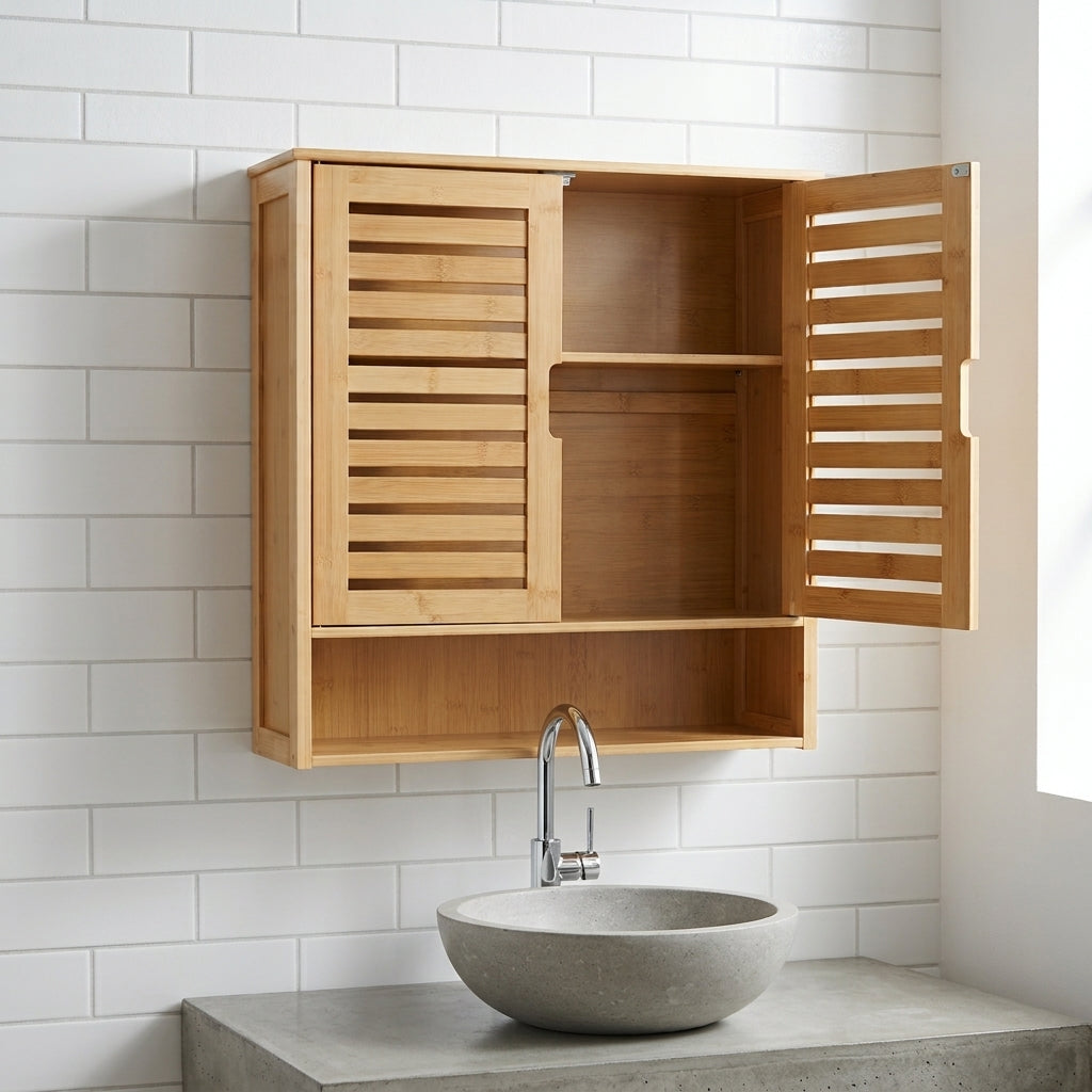 Natural bamboo wall cabinet with louvered doors open, showing interior shelves