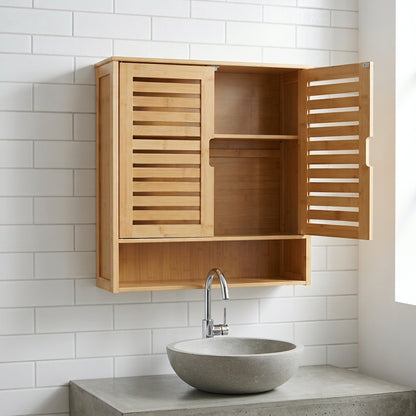 Natural bamboo wall cabinet with louvered doors open, showing interior shelves