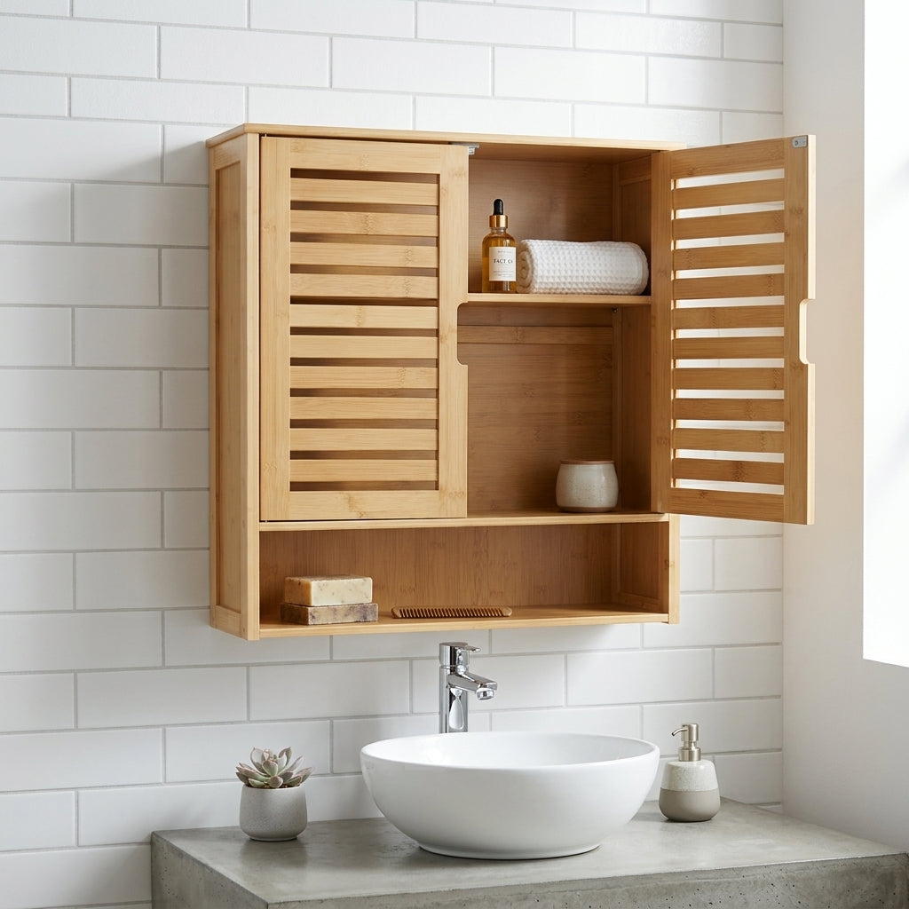 Natural bamboo wall cabinet open with upper storage and lower shelf space