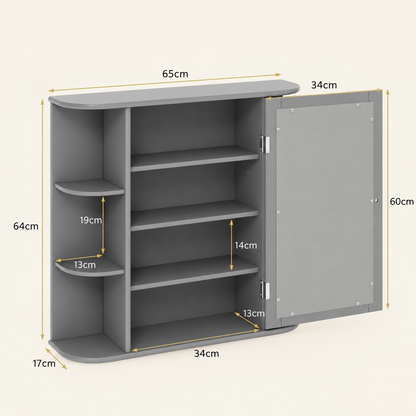Gray mirrored cabinet with shelves, size 65cm W x 34cm D x 60cm H
