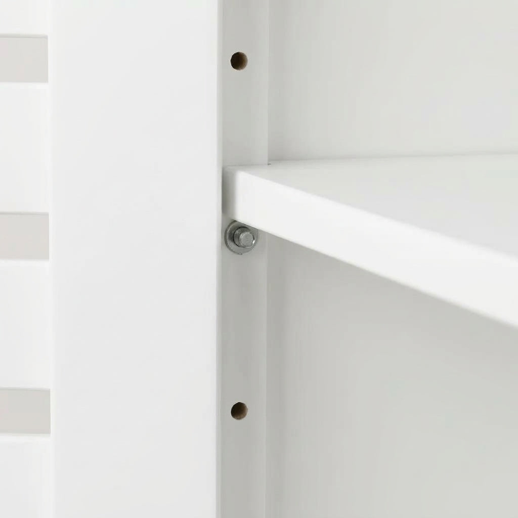 White bamboo wall cabinet mounting bracket and hinge hardware detail