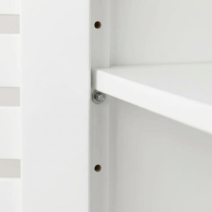 White bamboo wall cabinet mounting bracket and hinge hardware detail
